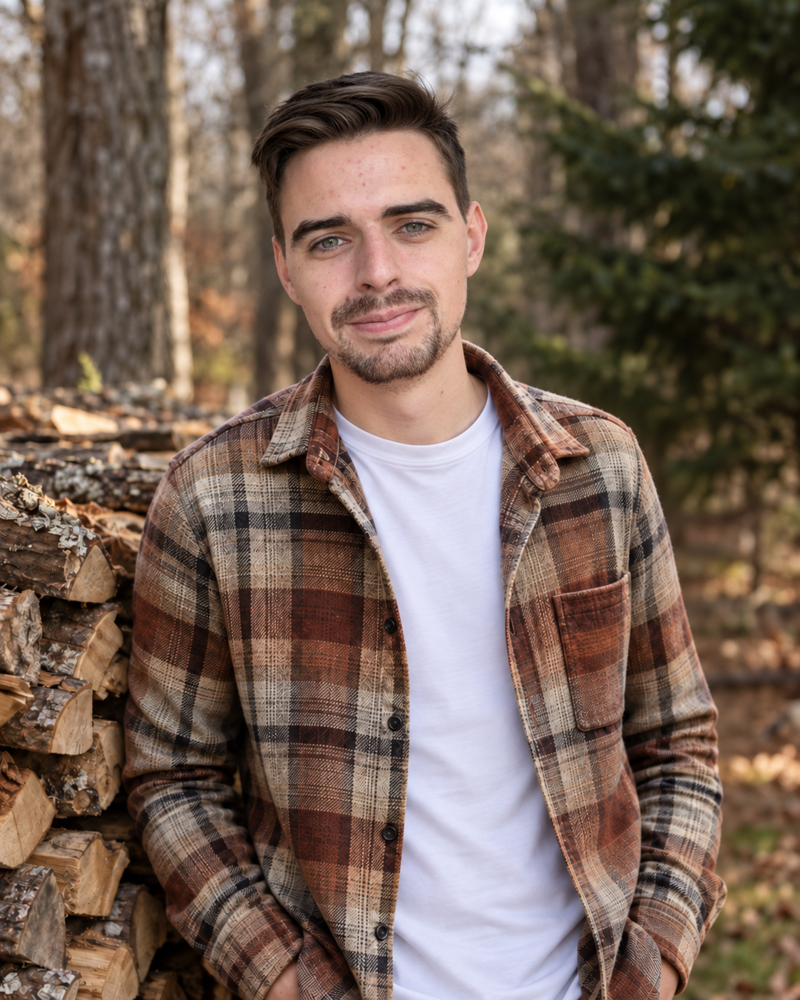 Tabor beside a woodpile in the woods; AI-edited portrait